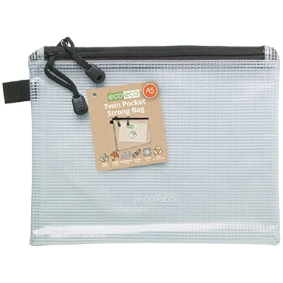 Afbeelding van eco A5 95% gerecycleerde dubbele zak super sterke tas, waterdichte mesh tuff bag, versterkt, zwarte ritssluiting, 2 zakken
