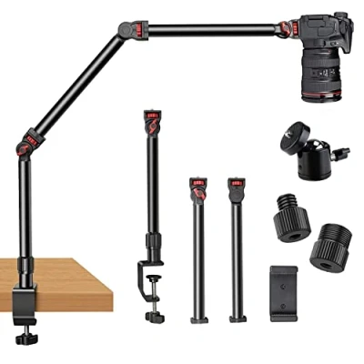 Afbeelding van DImotliyor Overhead Camera Mount Bureaustandaard, 3 delige flexibele afneembare scharnierende arm met 1/4&quot; 3/8&quot; 5/8&quot; schroef &amp; 360 kogelkop, C klem tafelbladhouder voor
