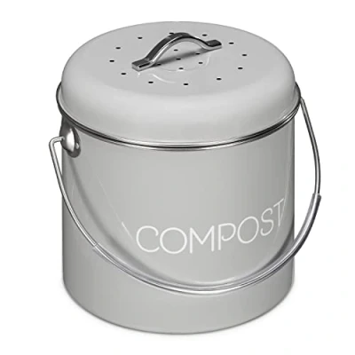 Afbeelding van Navaris metalen compostbak 3L Afvalbakje met 3x filter tegen vieze geuren Prullenbak deksel voor gft afval Compostemmer keuken Grijs