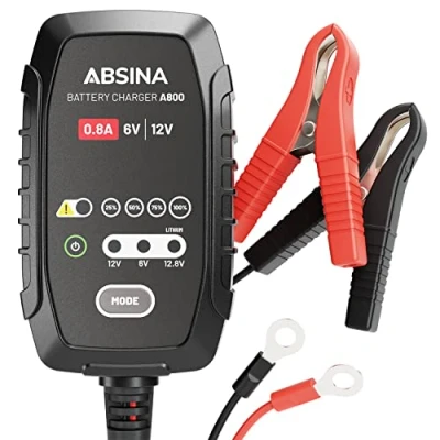 Afbeelding van ABSINA Volautomatische motorlader, AGM oplader, 6 V &amp; 12 V, voor loodaccu&#039;s tot 26 Ah / 12,8 lithium 15 Ah, oplader motoraccu&#039;s met 800 mA