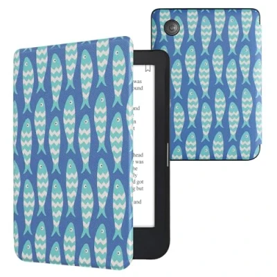 Afbeelding van kwmobile E reader hoesje geschikt voor Kobo Clara 2E hoes flip case met magnetische sluiting Ereader cover Visjespatroon design in blauw / lichtblauw wit