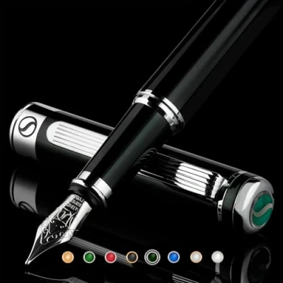 Afbeelding van Scriveiner Vulpen Brits zwart groen, leuke luxe vulpen, chromen uitvoering, medium schuimveer, beste schrijfcadeauset voor man en vrouw, professional, baas, kantoor