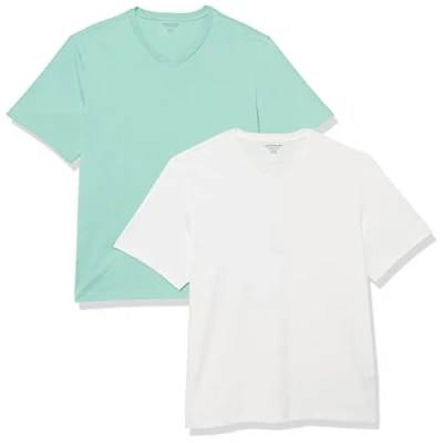 Afbeelding van Amazon Essentials Heren Regular Fit T shirt met korte mouwen en V hals (verkrijgbaar in Big &amp; Tall), 2 stuks, wit/aquablauw, medium