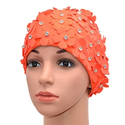 Afbeelding van Medifier Handleiding Strass Bloemen Bloemblaadje Retro Stijl Zwemmen Gap Badmutsen voor Vrouwen Oranje