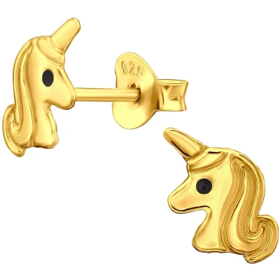 Afbeelding van JoyS Zilveren eenhoorn oorbellen 6 x 7 mm unicorn oorknoppen kinderoorbellen 14k goudplating / goldplated