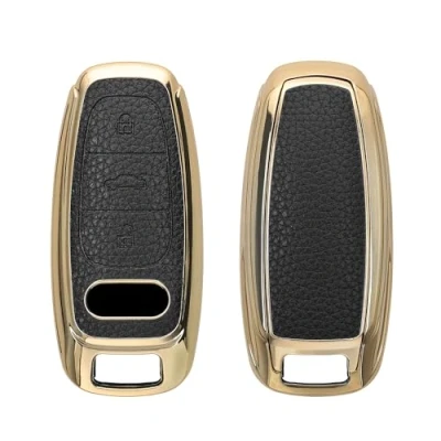 Afbeelding van kwmobile Sleutelhoesje van leer geschikt voor Audi A6 A7 A8 Q7 Q8 3 knops autosleutel Keyless sleutelcover in zwart / goud