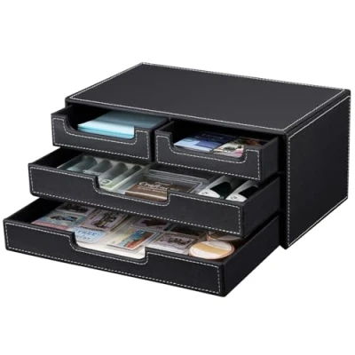Afbeelding van KINGFOM Lederen Office Desk Organizer, Multifunctionele lade Briefpapier Organizer Zwart