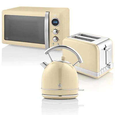 Afbeelding van Swan Retro ontbijtset, waterkoker, 1,8 l, broodrooster met brede sleuf, 2 sneden, digitale magnetron 20 6 standen, timer, spiegeldeur, vintage design, crème, eenheidsmaat