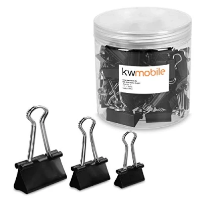 Afbeelding van kwmobile 60 stuks zwarte papierklemmen Set van foldback clips Documentklemmen Fold back klemmen 20x 19mm, 25mm en 32mm Zwart