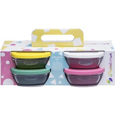 Afbeelding van Gekleurde glazen bewaarbakjes met deksel (pudding voorraadpot) 310ml 4 stuks