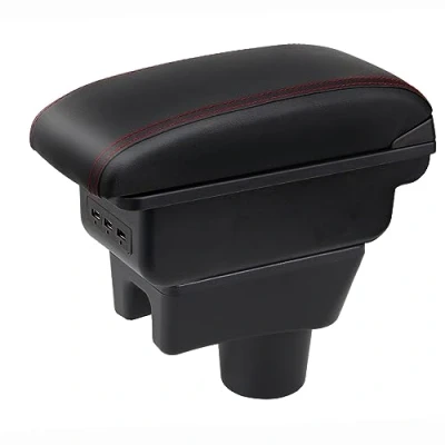 Afbeelding van Auto armsteun voor Mirage Attrage Space Star 2014 2018 Dubbellaags console center grote opbergdoos met 3 USB oplaadpoort zwart rode stiksels