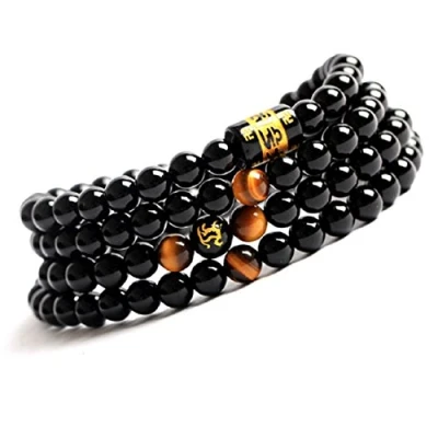 Afbeelding van COAI Tibetaanse OM Onyx Steen Kralen Ketting 108 Mala Wrap Armband Ketting, Eén maat, Onyx,