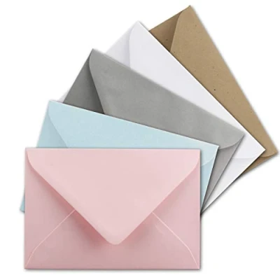 Afbeelding van 50x enveloppenset van gekleurde enveloppen pastel in DIN C8 7,6 x 5,2 cm miniatuur met natte plakrand 5 kleuren