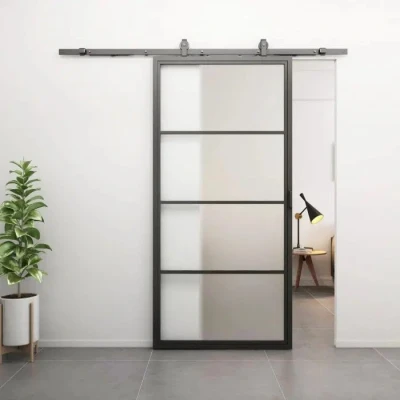 Afbeelding van Strakke stalen schuifdeur 4 vaks met Mat glas