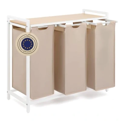 Afbeelding van Blumtal Wasmand met 3 vakken bamboe plank Metalen frame poten Wit en creme