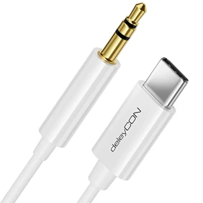 Afbeelding van deleyCON 2m USB C naar 3,5 mm Jackkabel AUX Audiokabel Compatibel met Apple Samsung Google Huawei Xiaomi Smartphone Mobiele Telefoon Tablet Auto Hoofdtelefoonaansluiting Wit