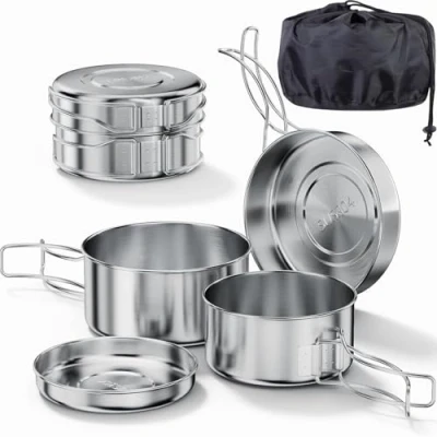 Afbeelding van Bestargot campingpannenset van roestvrij staal 304, 4 delige (900 ml + 600 ml), campingkookpan, outdoor serviesset, Ou
