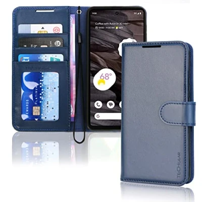 Afbeelding van TECHGEAR Pixel 7a Lederen portemonneehoesje, flip beschermhoes met portemonnee kaarthouder, standaard en polsband blauw PU leer magnetische sluiting ontworpen voor Google
