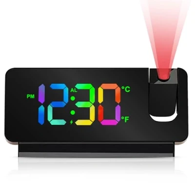 Afbeelding van BYZESTY digitale wekker met projectie, projectiewekker 180 graden, temperatuur, datum, 12/24 HR, USB en batterijvoeding, projectieklok voor slaapkamer (zwart)