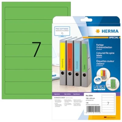 Afbeelding van HERMA 5094 rugelabels A4 cort/smal (192 x 38 mm, 20 velles, papier, mat) zelfklevend, bedrukbaar, permanente zelfklevende kaartetiketten, 140 etiketten voor printer, formaat