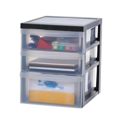 Afbeelding van Iris Ohyama, Kunststof opbergtoren, 3 bureauladen waarvan 2 van 7,5L en 1 11,25L, Ingelegd handvat, DC 221, Zwart B29 x D40 H37 cm