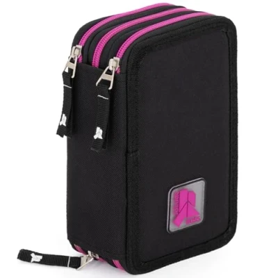 Afbeelding van Julian Ross Drievoudig gevuld etui voor kinderen, 45 accessoires de basisschool, 3 ritssluitingen, georganiseerde vakken, kleurpotloden, viltstiften, lijm, schaar, Zwart Fuchsia, pennenhouder