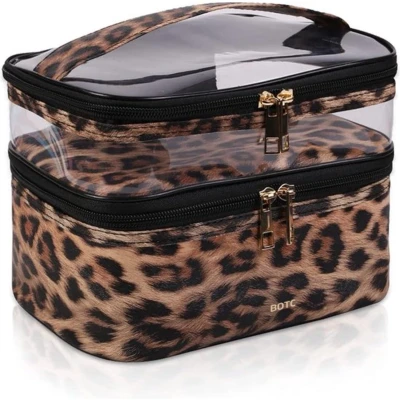 Afbeelding van BOTC Make up tasje 2 lagen Met handige vakjes Cosmetica organizer Toilettas Maat Etui Luipaardprint