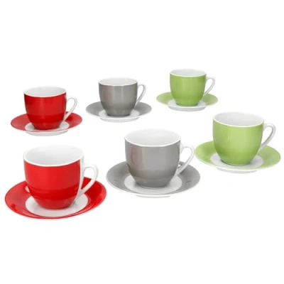 Afbeelding van MamboCat Variant Trio Koffiekopjes met schoteltjes voor 6 personen, in groen, rood en grijs, gekleurde porseleinen set ontbijt koffie, x theekopjes van 200 ml schoteltjes, servies