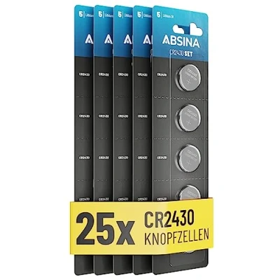 Afbeelding van ABSINA CR2430 Knoopcel, verpakking van 25 stuks, CR 2430 3V knoopcellen, lekvrij en lange houdbaarheid, knoopbatterij CR2430, batterij 2430, knoopcellen batterijen knoopcel