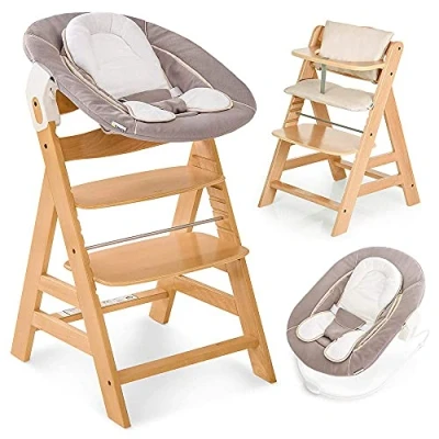 Afbeelding van hauck Kinderstoel Alpha Plus Newborn Set 4 delige Houten Meegroeistoel vanaf de Geboorte incl. Wipstoeltje, Zitkussens en Gordel Natural