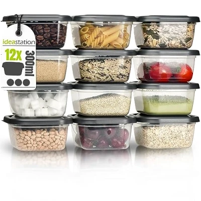Afbeelding van idea station voorraadpot set 12 stuks, 300 ml, antharzit, met deksel, stapelbaar, voorraadbakken, opbergdozen, lunchbox, keukengadgets, maaltijdbereiding, diepvriesdozen