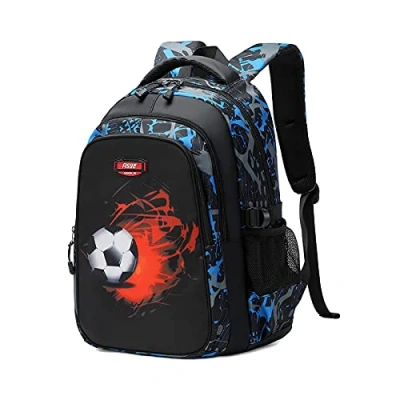 Afbeelding van Asge schoolrugzak, voor jongens en meisjes, kinderen tieners, schooltas, tas, ergonomisch, print van een voetbal, 8, 10 14, waterdicht, groot, school, blauw, Medium