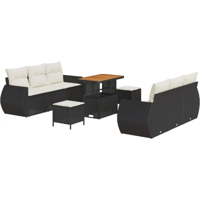 Afbeelding van vidaXL 9 delige Tuin Sofa Set met Kussens Zwart Poly Rattan Acacia, 3 Eet Acacia