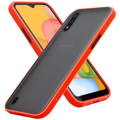 Afbeelding van Cadorabo Hoesje geschikt voor Samsung Galaxy A01 in Mat Rood Zwarte Knopen Hybride beschermhoes met TPU siliconen Case Cover binnenkant en matte plastic achterkant