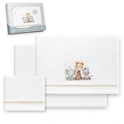 Afbeelding van Interbaby Beddengoedset voor kinderbed, 60 x 120 cm, 100% polyester, warm, inclusief hoeslaken, dekbedovertrek en kussensloop, ideaal de winter, giraffe olifant, wit/beige