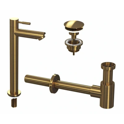 Afbeelding van INK 2A Fonteinkraanset staande Fonteinkraan hoog always open plug en design Sifon Brushed mat goud Minimalistisch
