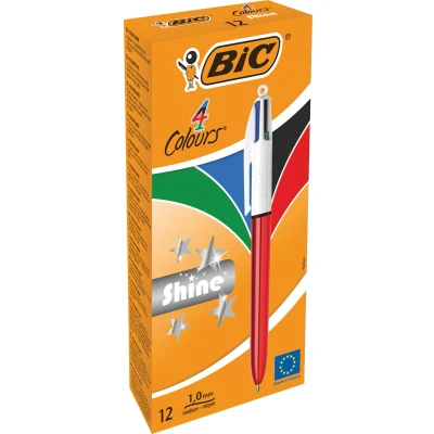 Afbeelding van Bic 4 Colours Shine, Balpen, 0,32mm, Klassieke Inktkleuren, Lichaam Metallic Rood Balpen