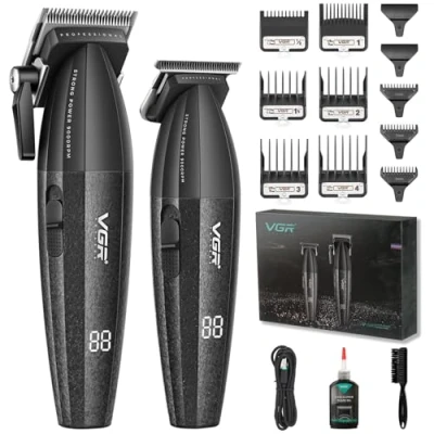 Afbeelding van VGR 640 Professionele tondeuse voor heren, draadloze en trimmerset, Zero Gap T blade, DLC keramisch lemmet, hoogwaardige kapperset met led display (zwart)