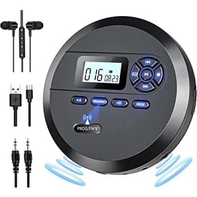 Afbeelding van draagbare cd speler, DESOBRY speler met luidsprekers en FM zender, voor auto Ingebouwde 2000 mAh oplaadbare batterij, Walkman LCD scherm Oortelefoon AUX kabel
