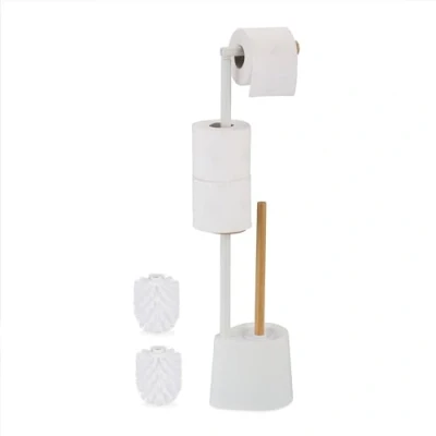 Afbeelding van vrijstaande toiletrolhouder wc borstel met houder bamboe rvs modern wit