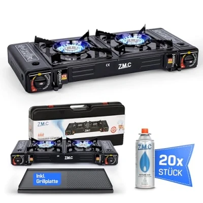 Afbeelding van ZMC Campinggasfornuis, 2 pitten, met 20 gaspatronen van 227 g en grillplaat, 2,5 kW, inclusief adapter voor LPG aansluiting opbergkoffer, campingkooktoestelset piëzo ontsteking, geschikt