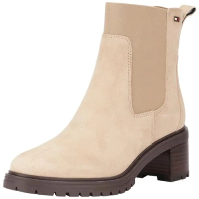 Afbeelding van Tommy Hilfiger FLAG MID HEEL Chelsea Enkellaarsjes met plateauzool, Dames, Maat: 39, Beige Veloursleer