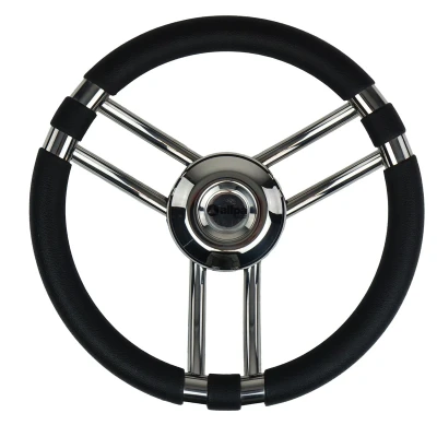 Afbeelding van 3 spaaks stuurwiel model 22 rvs met zwarte polyurethaan rand a=350mm b=60mm