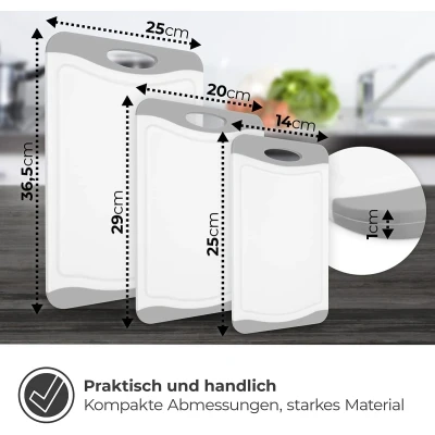 Afbeelding van Snijplank van kunststof, set 3 planken, BPA vrij, antislip met sapgoot en handgreep, vaatwasmachinebestendig, ontbijtplank, keukenplank (grijs/wit)