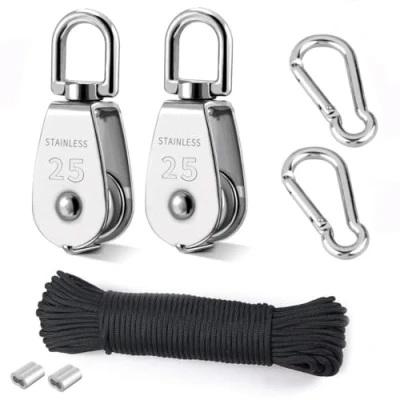 Afbeelding van TooTaci M25 kabelkatrolset, roestvrij staal, katrolset met touwen, 2 stuks 25 mm kabelrollen, katrol, 4 mm/20 m touw voor katrol karabijnhaak, kabelrol, draagkracht 150 kg