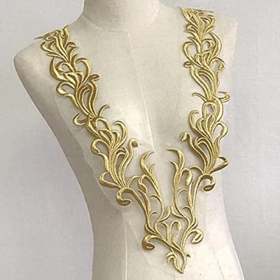 Afbeelding van Yulakes goud borduurwerk kant applicatie patch pailletten hals kraag bruiloft nobele jurk naaien DIY bruidsjurk decoratie kleding accessoires (stijl 2)