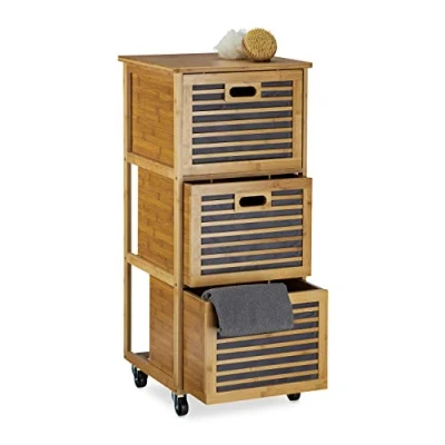 Afbeelding van Relaxdays badkamer trolley ladeblok op wieltjes 3 lades rolcontainer bamboe