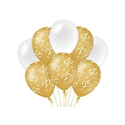 Afbeelding van Ballonnen 25 jaar Wit/Goud per 8 stuks