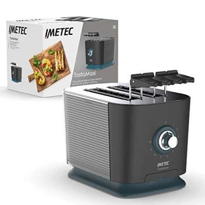 Afbeelding van Imetec TostaMaxi broodrooster, 2 extra grote sleuven en openbare tangen voor belegde toasts, 10 bruiningsniveaus, timer automatische uitschakeling, kruimellade, 600 W,Antraciet.