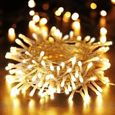Afbeelding van BrizLabs Lichtsnoer, 100 leds, voor buiten, buitenverlichting, werkt op batterijen, 8 modi, waterdicht, kerstverlichting met timer binnenshuis, kerstfeest, kamer, bruiloft, tuin, decoratie, doorzichtige kabel, warmwit